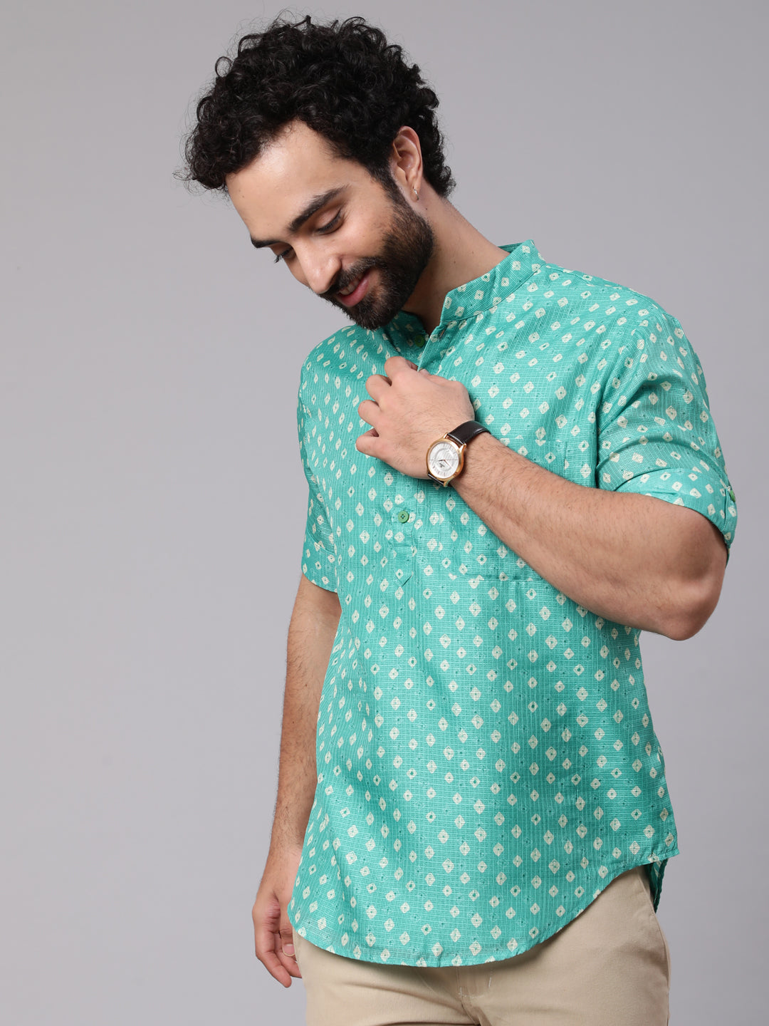 Men's Green Digital Print Short Kurta