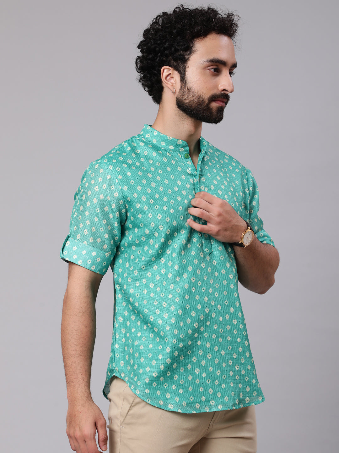 Men's Green Digital Print Short Kurta