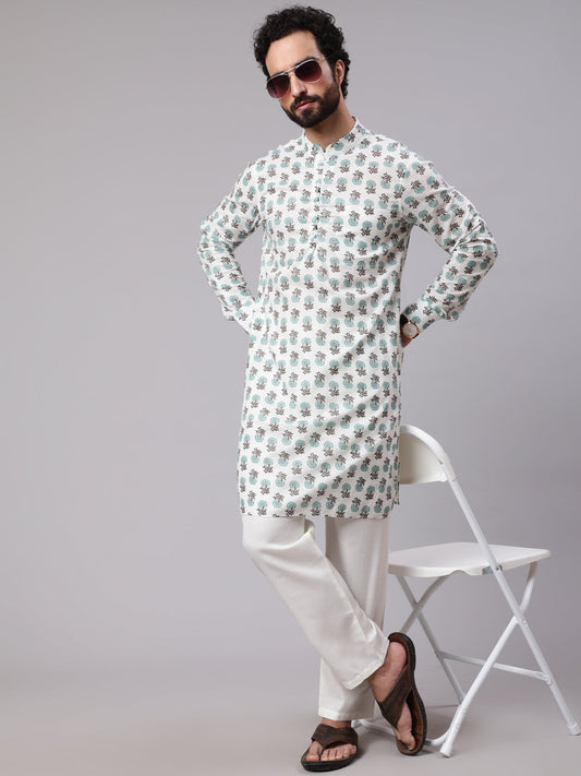 Men's White Floral Print Long Kurta