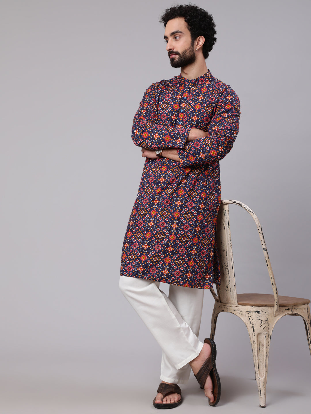 Men's Navy Blue Patola Print Long Kurta