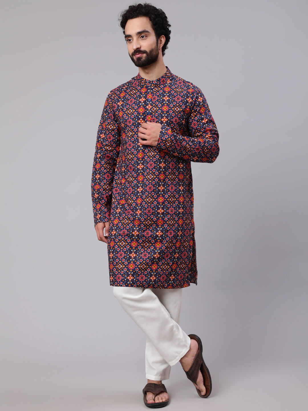 Men's Navy Blue Patola Print Long Kurta