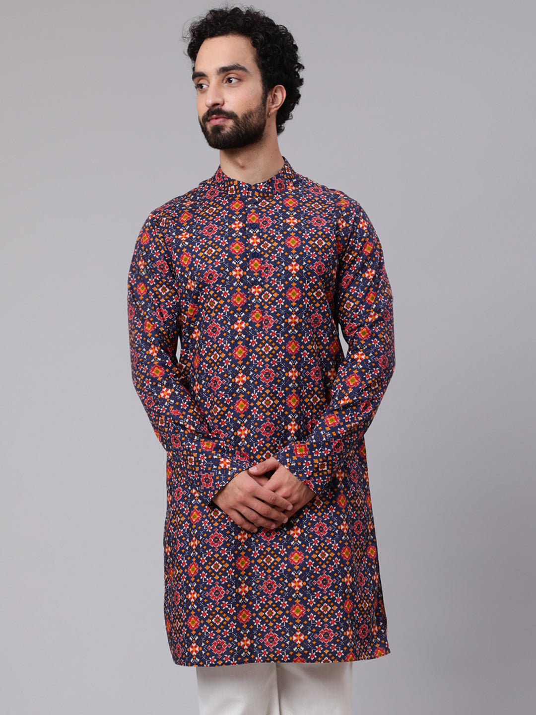 Men's Navy Blue Patola Print Long Kurta