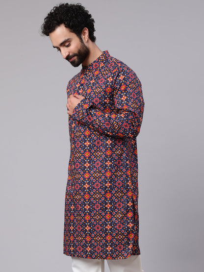 Men's Navy Blue Patola Print Long Kurta