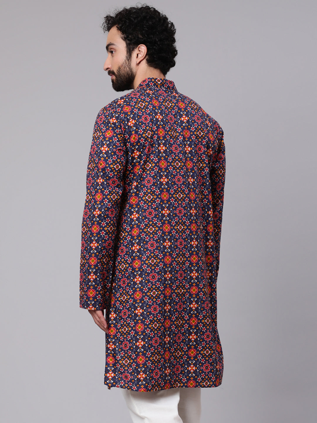 Men's Navy Blue Patola Print Long Kurta