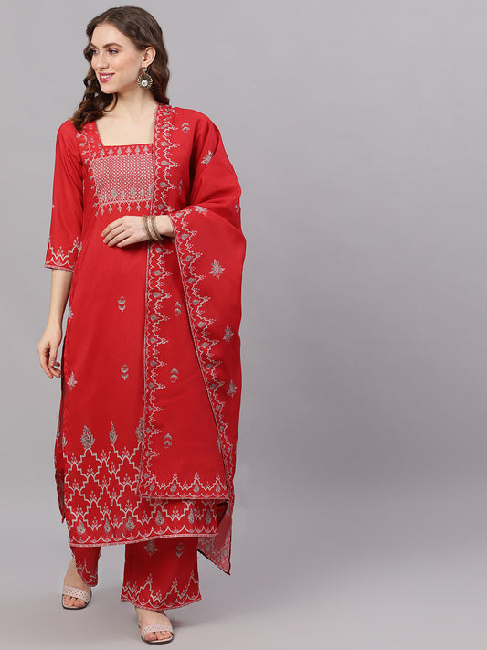 Women's Red Printed Kurta With Palazzo