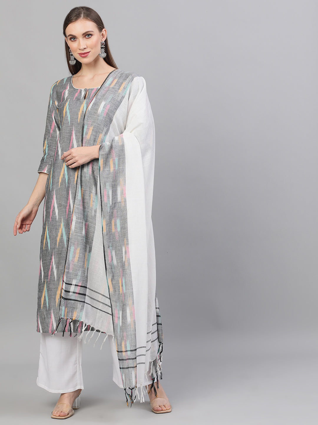 Women's Grey Ikat Designed Kurta Palazzo With Dupatta