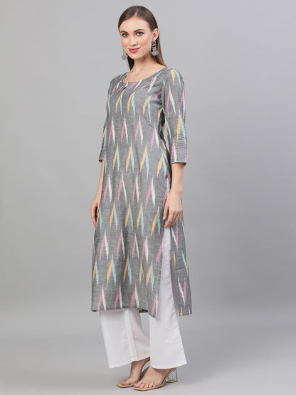 Women's Grey Ikat Designed Kurta Palazzo With Dupatta