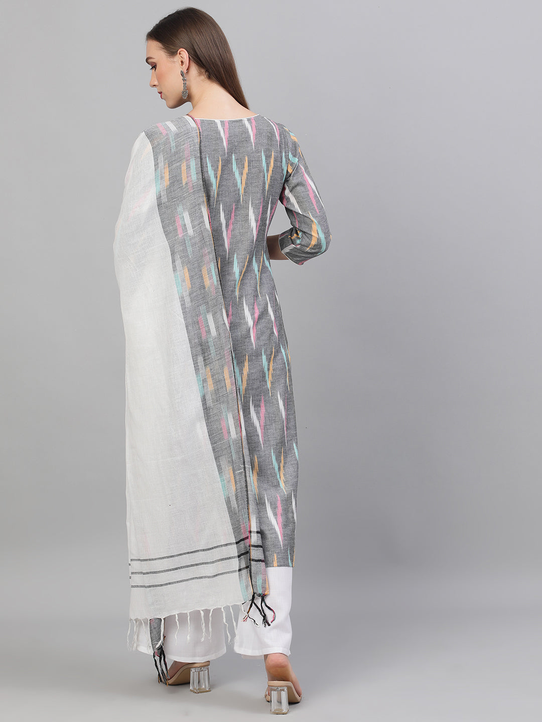 Women's Grey Ikat Designed Kurta Palazzo With Dupatta