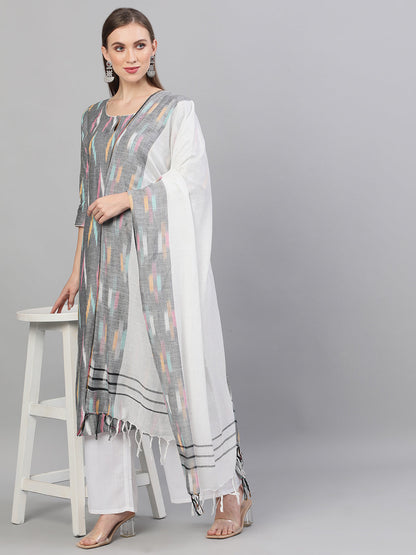 Women's Grey Ikat Designed Kurta Palazzo With Dupatta