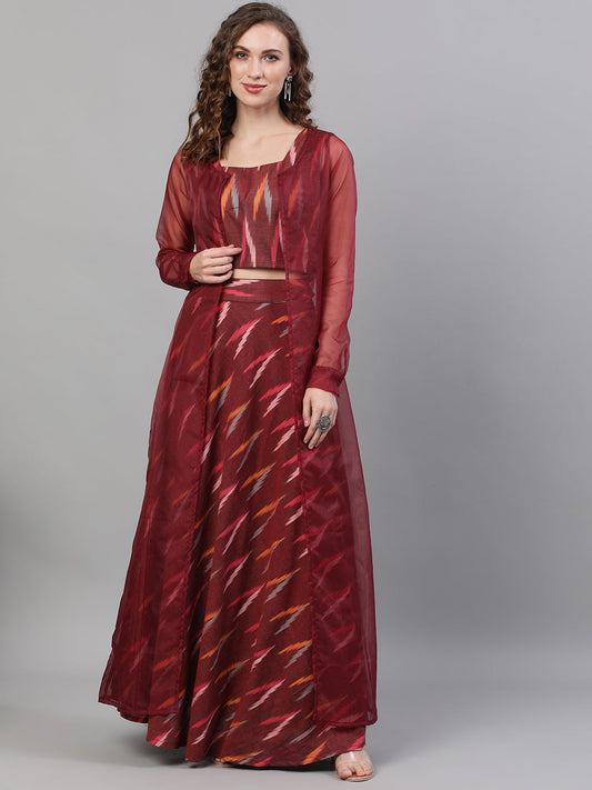 Women's Maroon Ikat Lehenga Choli With Jacket