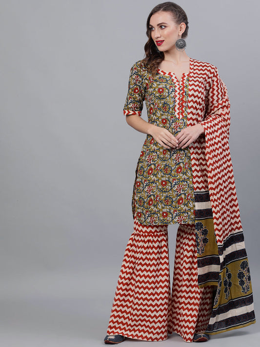 Women's Green Chevrons Print Kurta Sharara With Dupatta