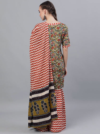 Women's Green Chevrons Print Kurta Sharara With Dupatta