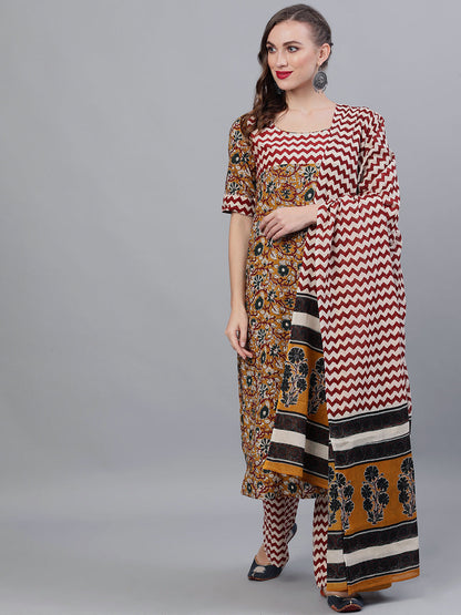 Women's Mustard Floral Print Kurta Palazzo With Dupatta