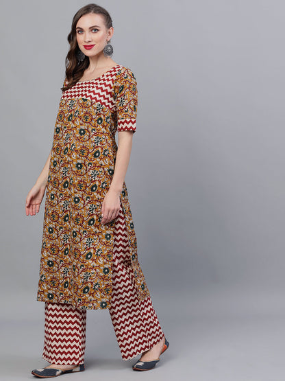 Women's Mustard Floral Print Kurta Palazzo With Dupatta