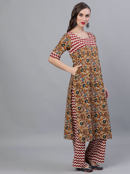 Women's Mustard Floral Print Kurta Palazzo With Dupatta