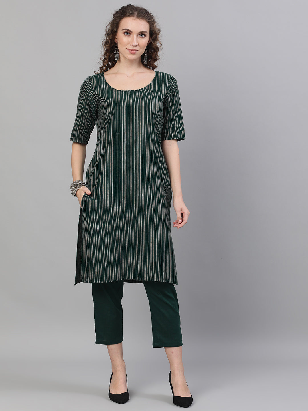 Women's Green Striped Kurta With Capri