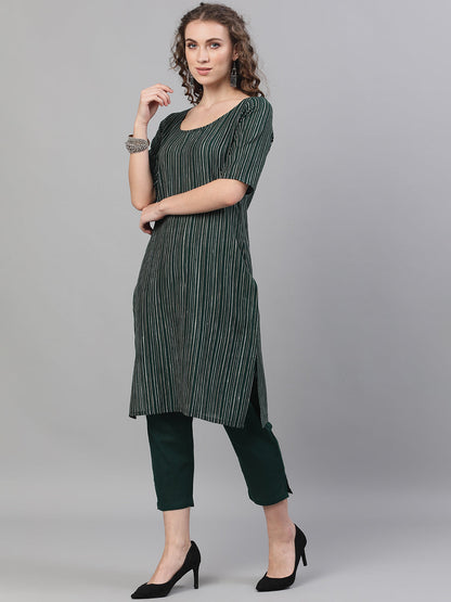 Women's Green Striped Kurta With Capri