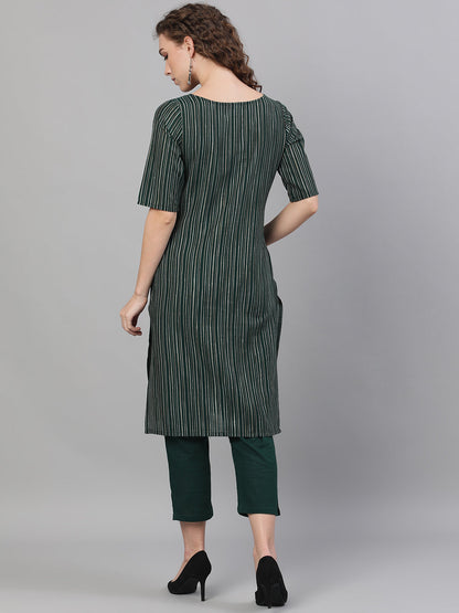 Women's Green Striped Kurta With Capri