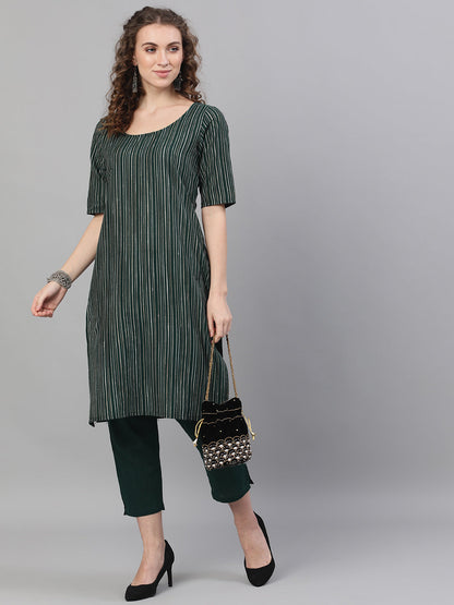 Women's Green Striped Kurta With Capri