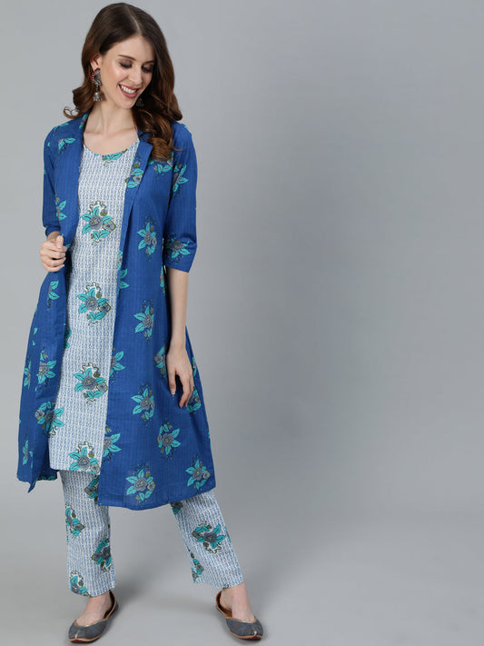 Women's Blue Floral Print Kurta Pant With Jacket