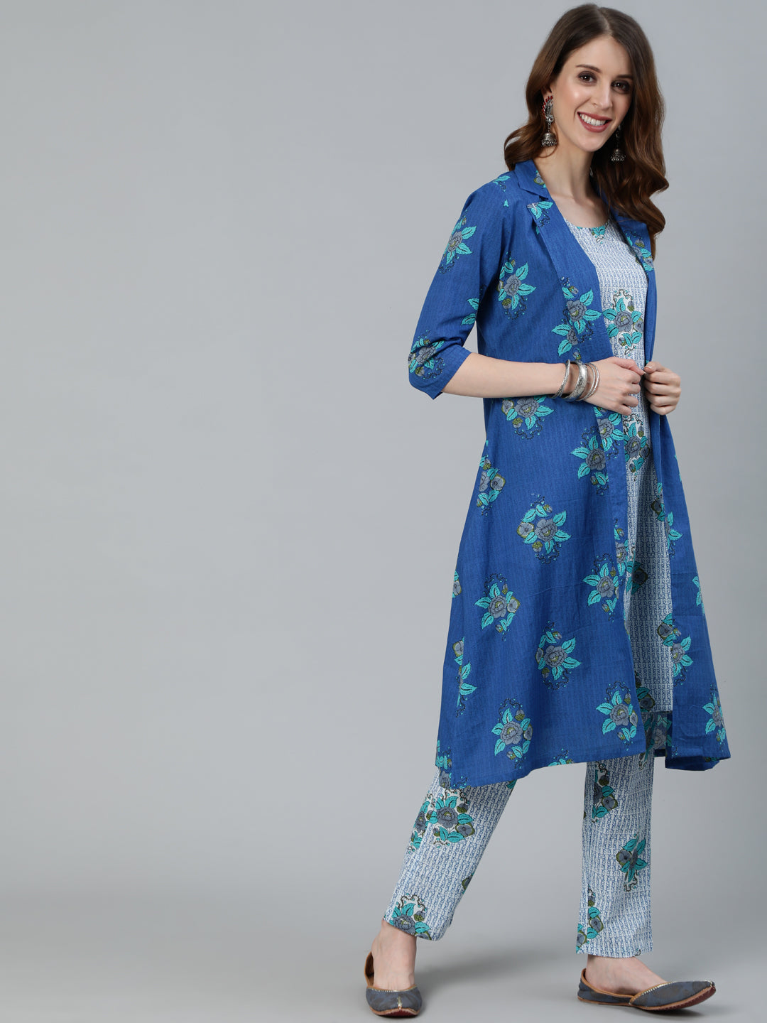 Women's Blue Floral Print Kurta Pant With Jacket