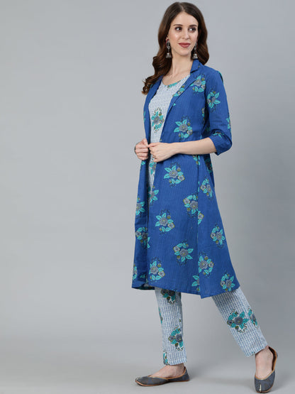 Women's Blue Floral Print Kurta Pant With Jacket