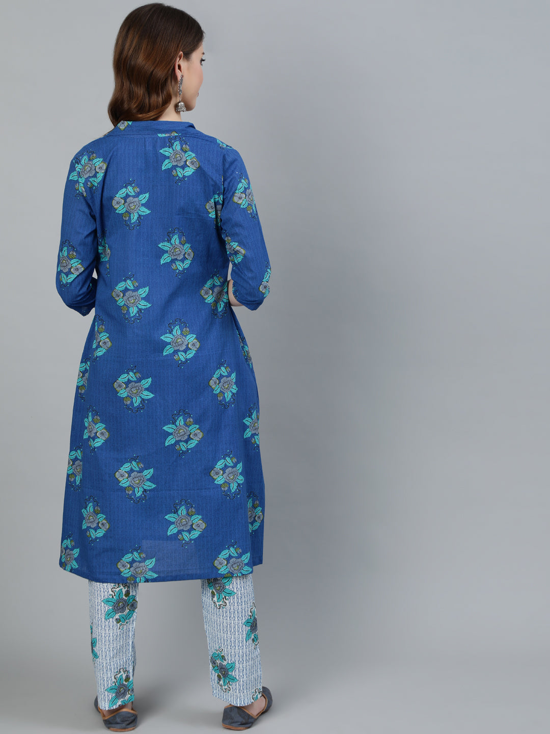 Women's Blue Floral Print Kurta Pant With Jacket