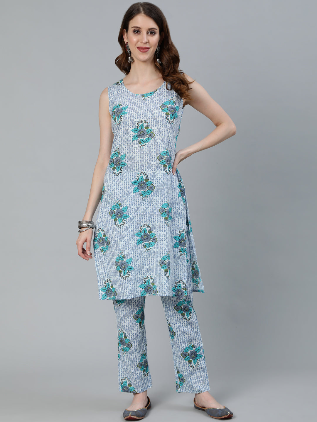 Women's Blue Floral Print Kurta Pant With Jacket