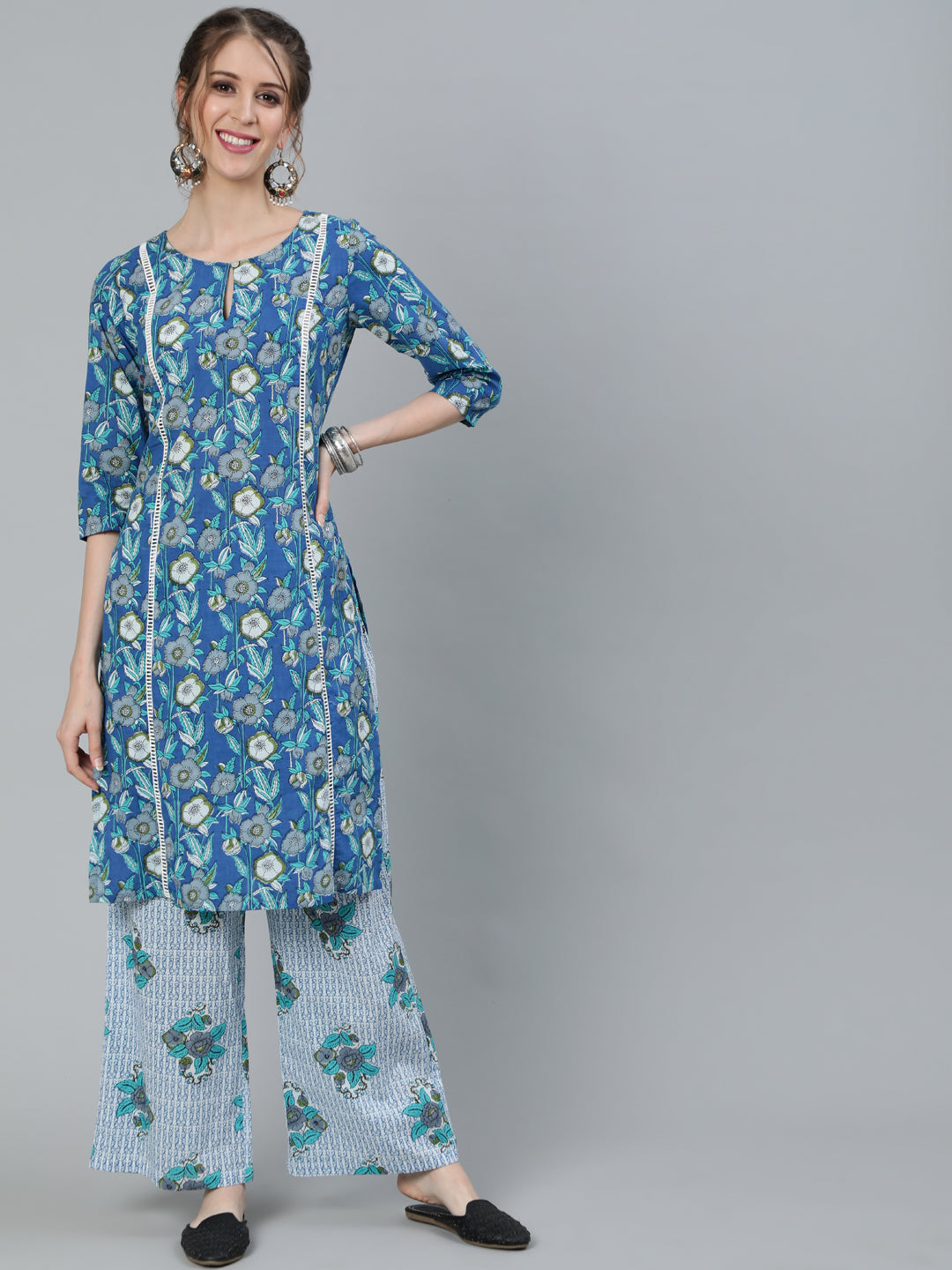 Women's Blue Floral Print Kurta With Palazzo