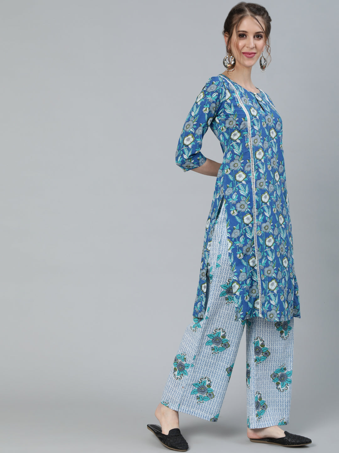 Women's Blue Floral Print Kurta With Palazzo