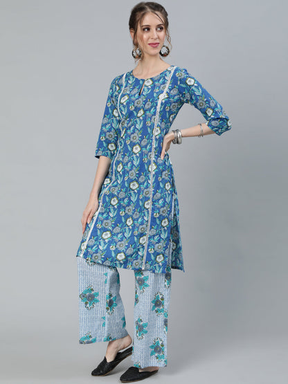 Women's Blue Floral Print Kurta With Palazzo