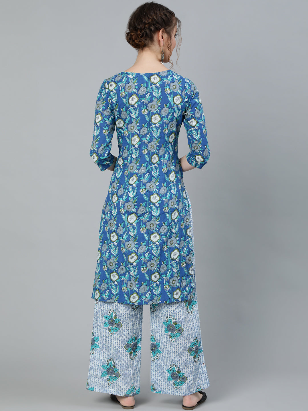 Women's Blue Floral Print Kurta With Palazzo