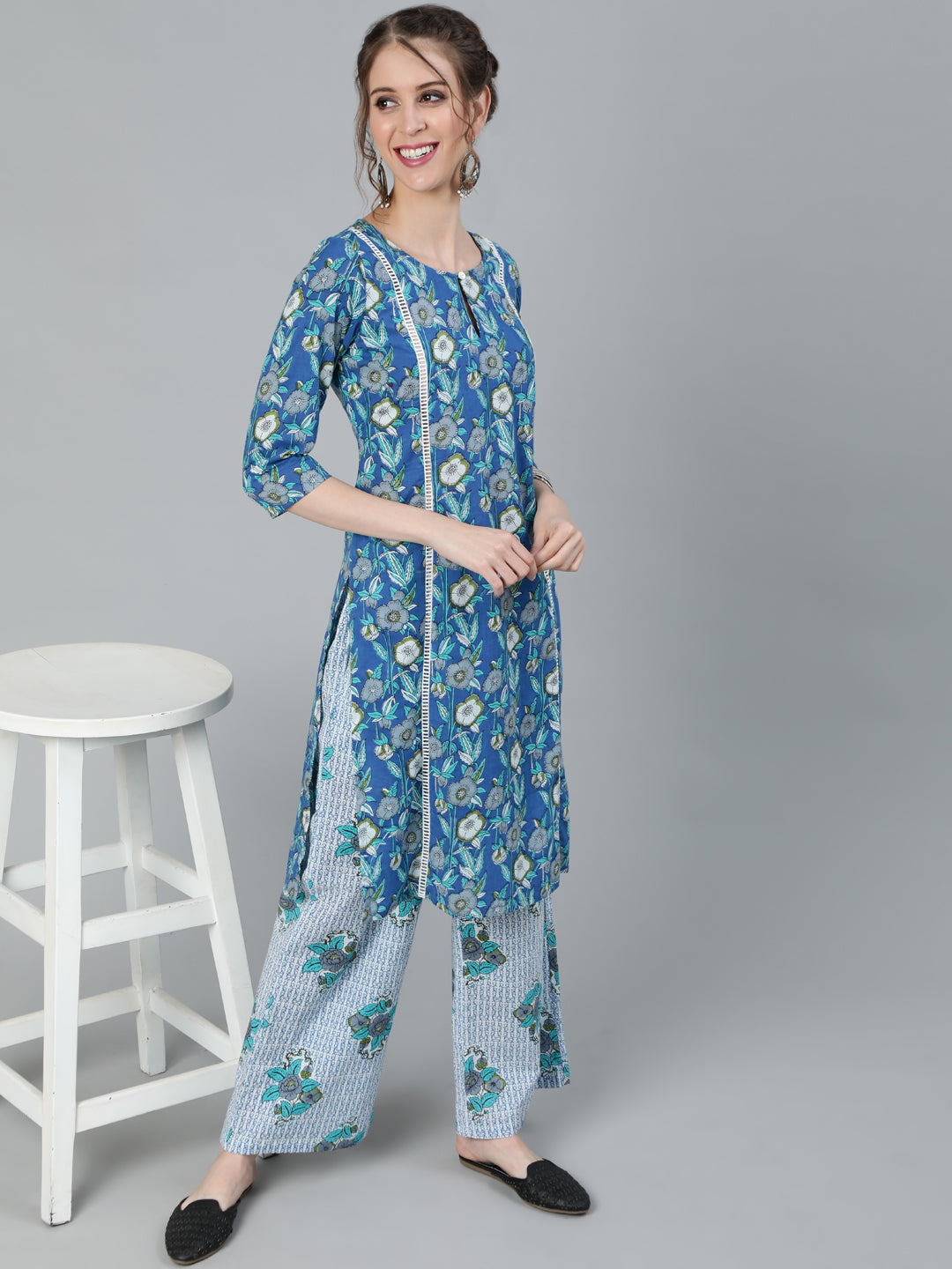 Women's Blue Floral Print Kurta With Palazzo