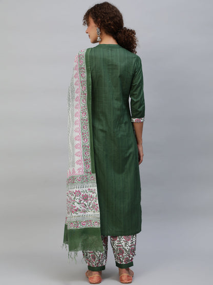 Women's Green Floral Print Kurta Palazzo With Dupatta