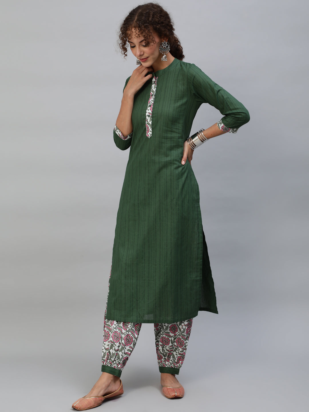 Women's Green Floral Print Kurta Palazzo With Dupatta