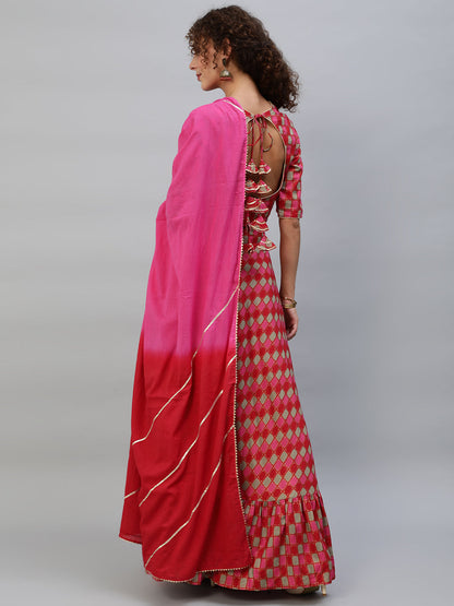 Women's Red Gold Printed Lehenga Choli With Dupatta