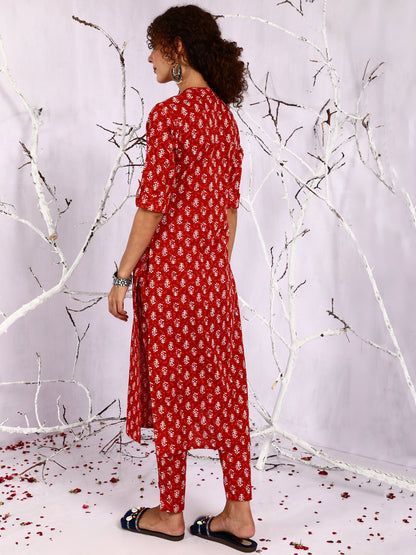 Women's Red Printed Straight Kurta With Pant