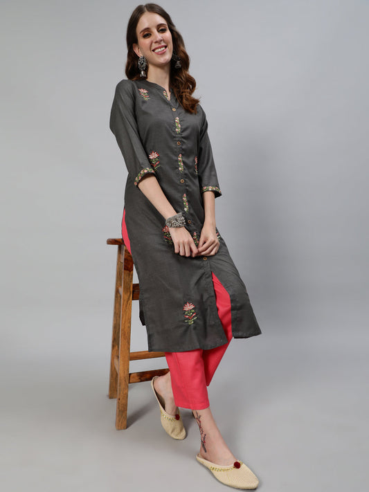 Women's Grey Embroidered Kurta With Pant