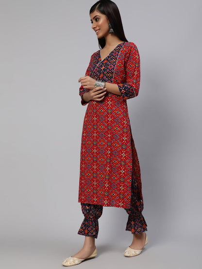 Women's Red Patola Print Kurta With Balloon Pant