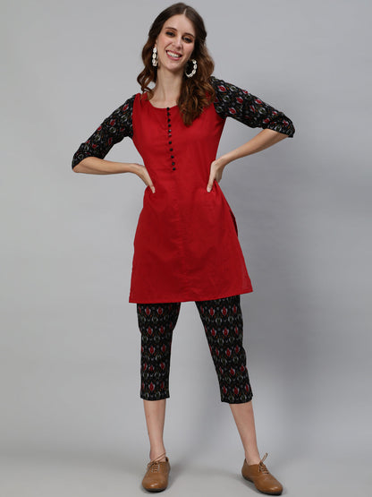 Women's Maroon Patola Print Kurta With Capri Pant