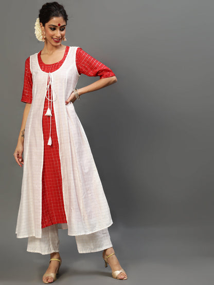 Women's White Checks Kurta Palazzo With Jacket