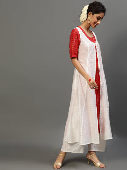 Women's White Checks Kurta Palazzo With Jacket