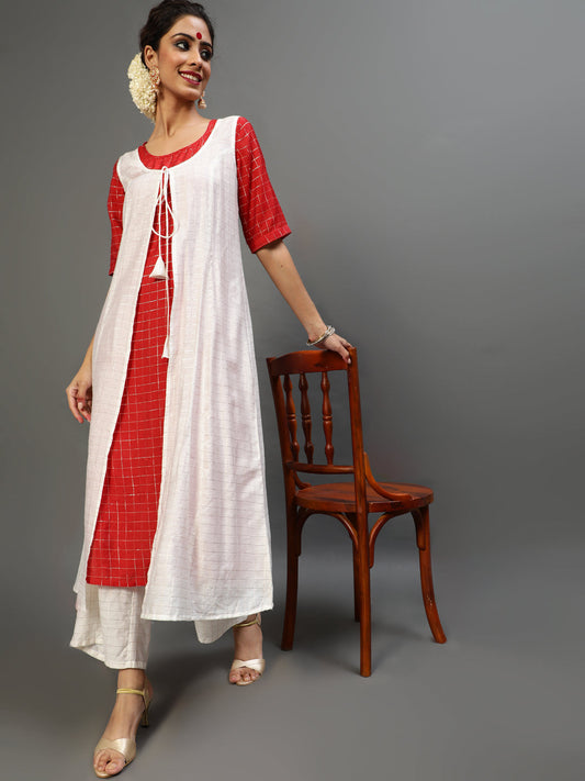 Women's White Checks Kurta Palazzo With Jacket