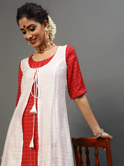 Women's White Checks Kurta Palazzo With Jacket