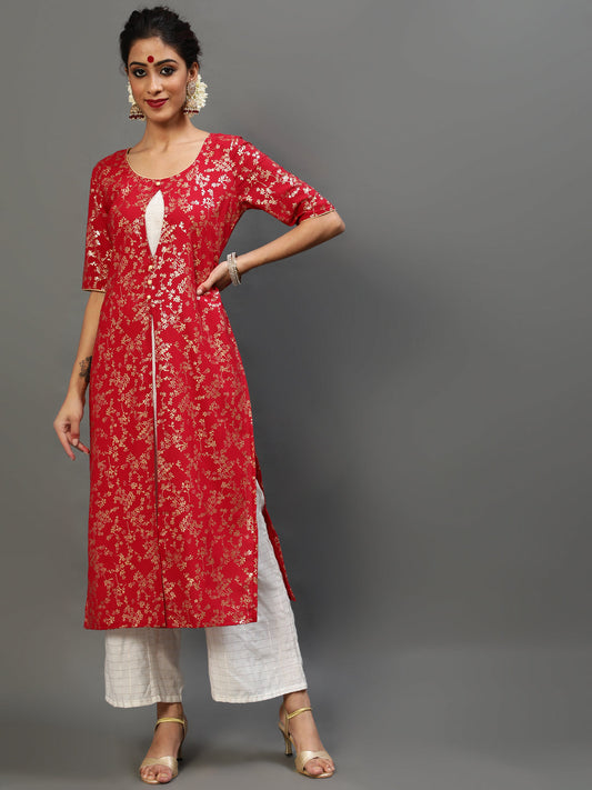 Women's Red Gold Printed Layered Kurta With Palazzo