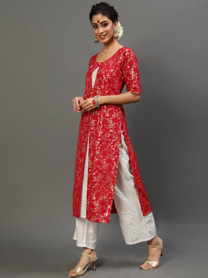 Women's Red Gold Printed Layered Kurta With Palazzo