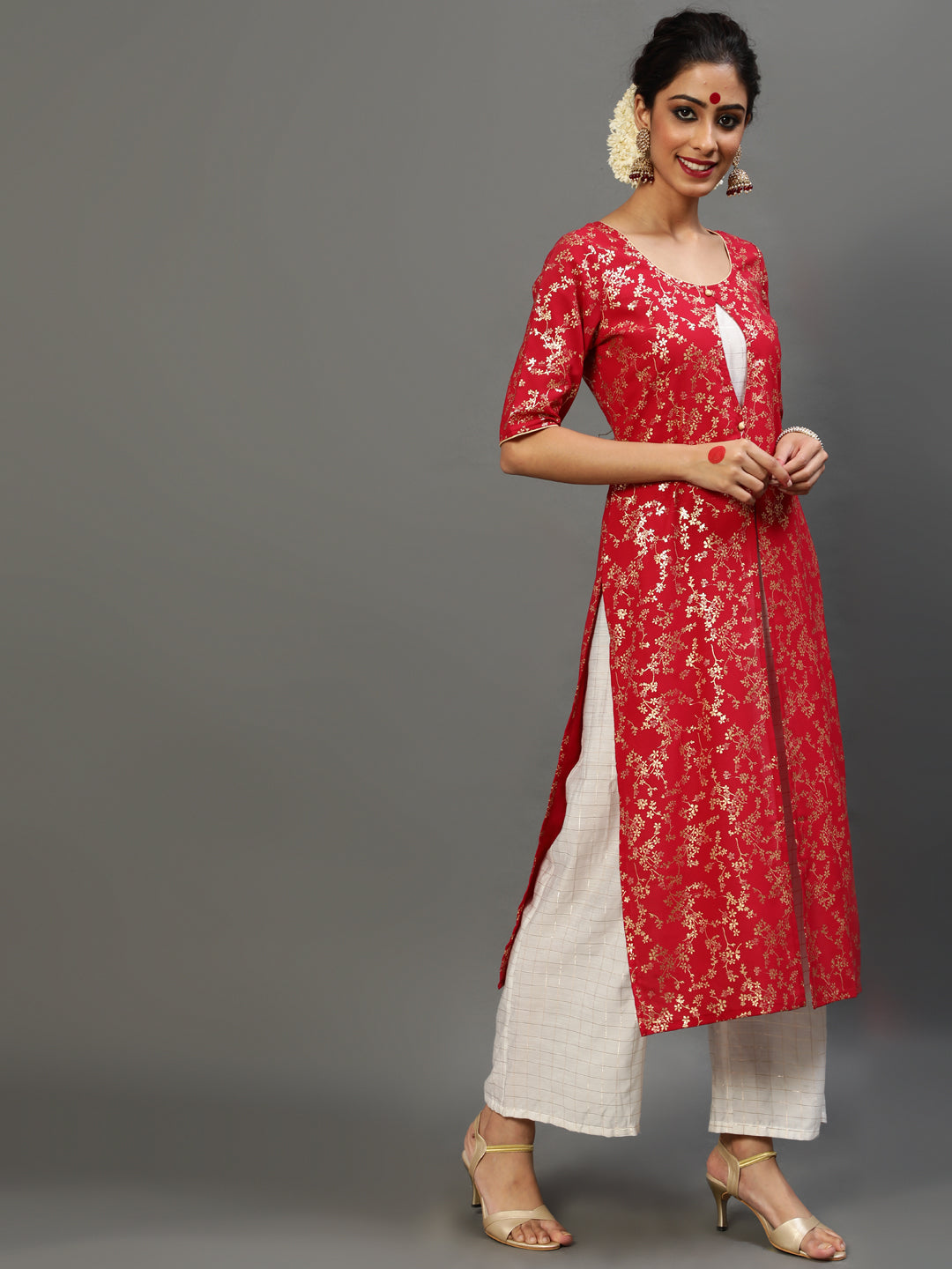 Women's Red Gold Printed Layered Kurta With Palazzo