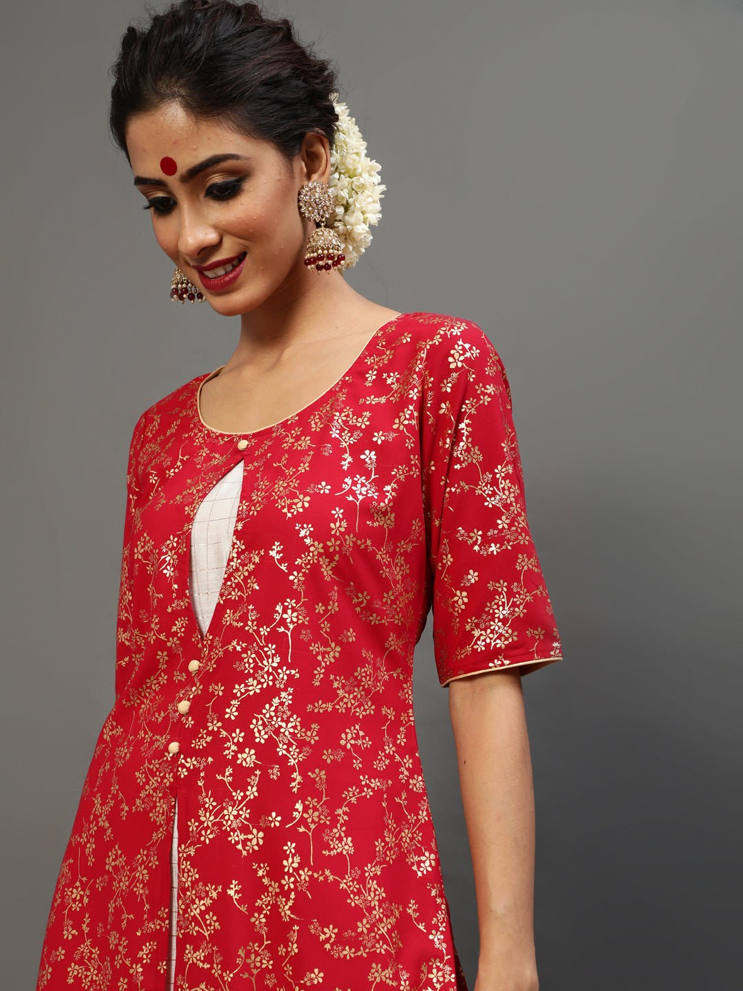 Women's Red Gold Printed Layered Kurta With Palazzo