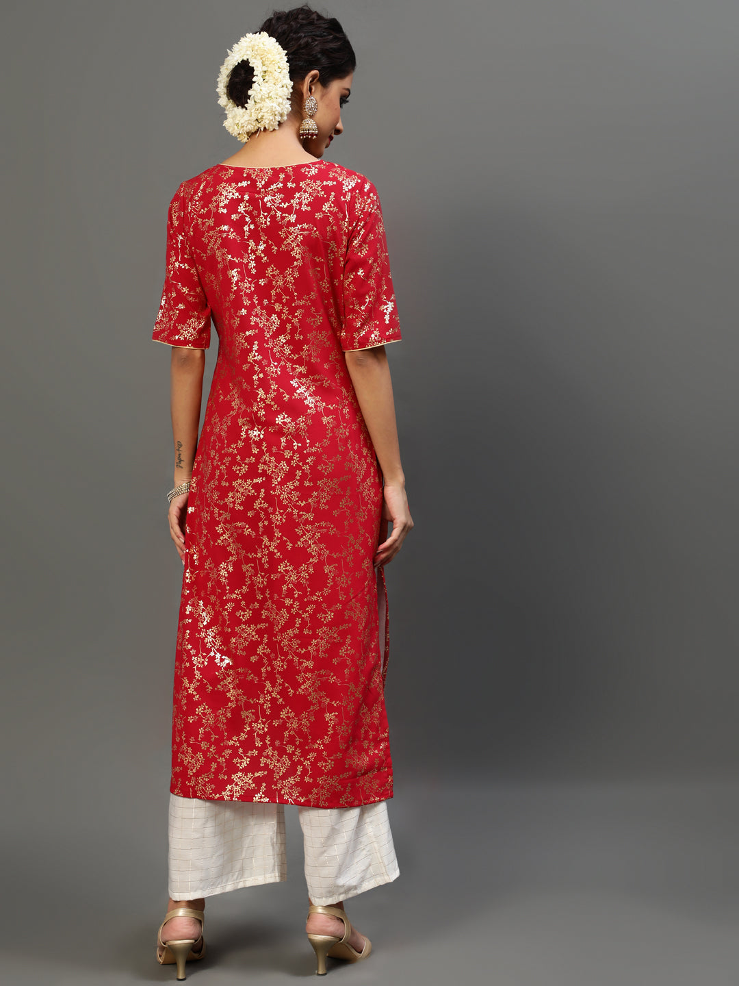 Women's Red Gold Printed Layered Kurta With Palazzo