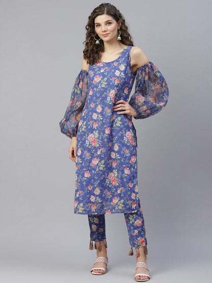 Women's Blue Floral Print Kurta With Pant